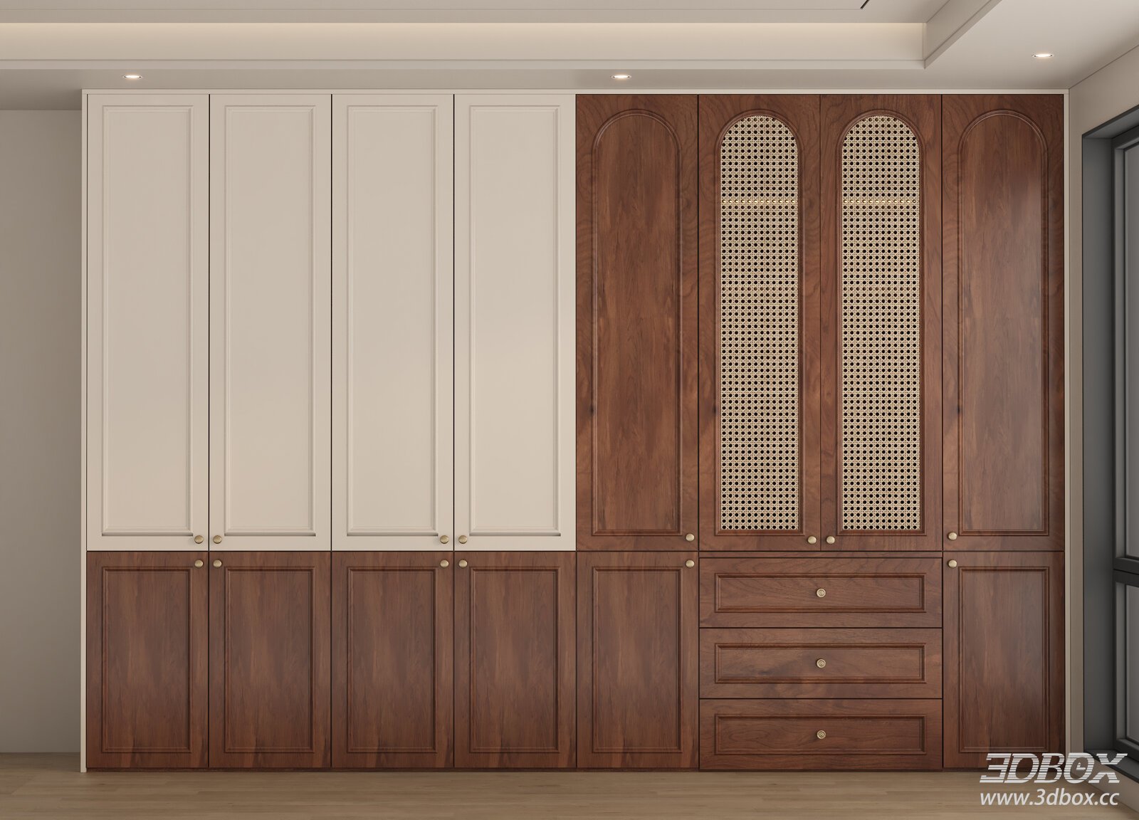 French Vintage Style Built-in Walnut Wardrobe 3D model - front view