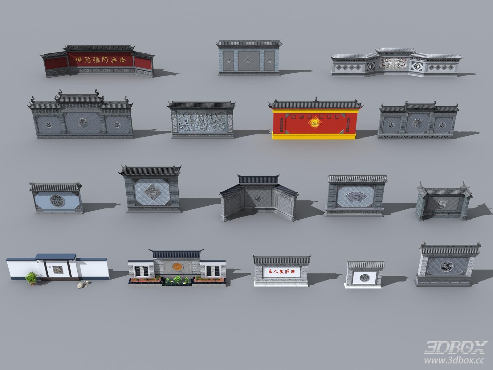 Traditional Chinese Screen Wall Relief Facade Set 3D model - front view