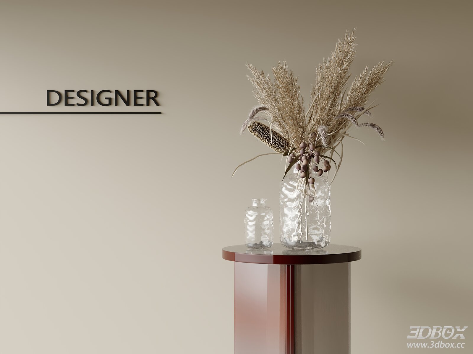 Dried Pampas Grass Decorative Set with Glass Vases 3D model - front view