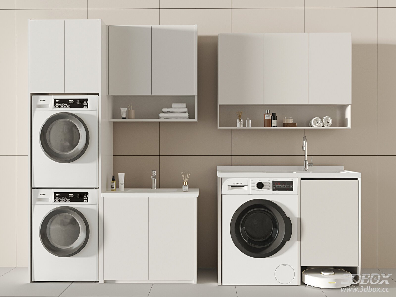 Modern White Laundry Cabinet with Washing Machine and Sink 3D model - front view