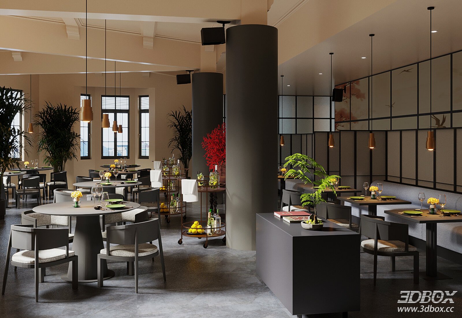 Modern Southeast Asian Style Restaurant Interior Scene 3D model - front view