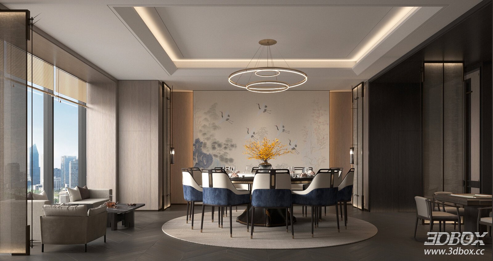New Chinese Style Luxury Private Dining Room Scene 3D model - front view