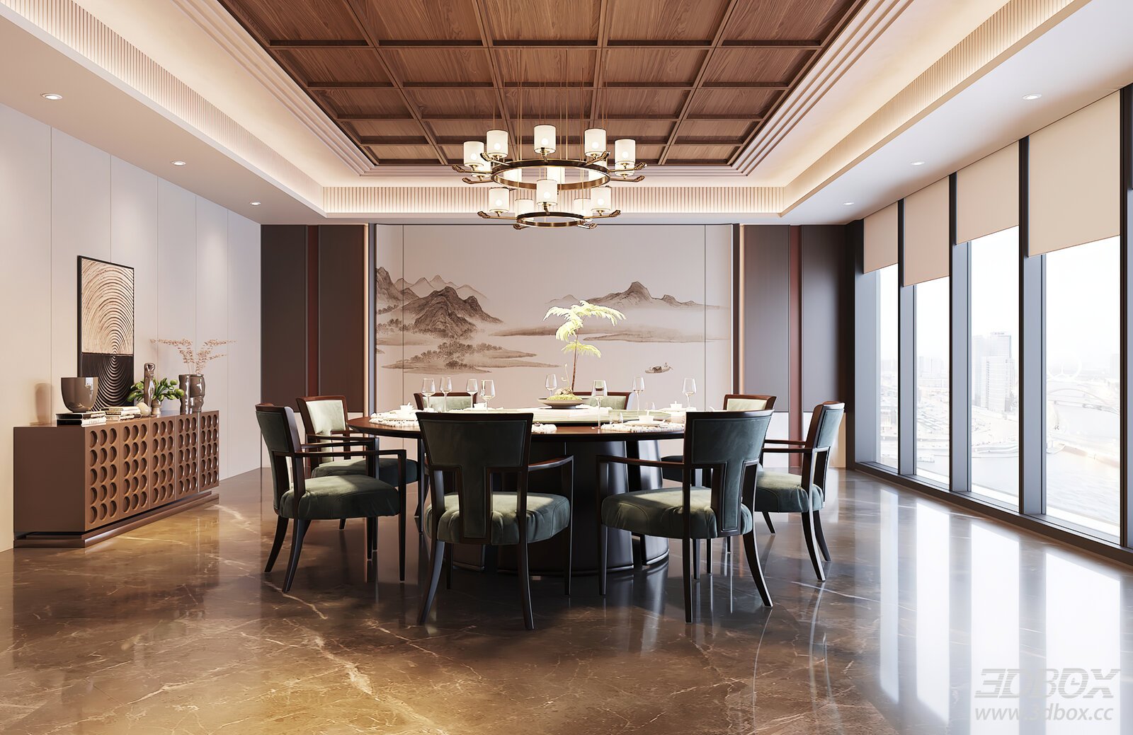 Modern Chinese Style Private Restaurant Dining Room 3D model - front view