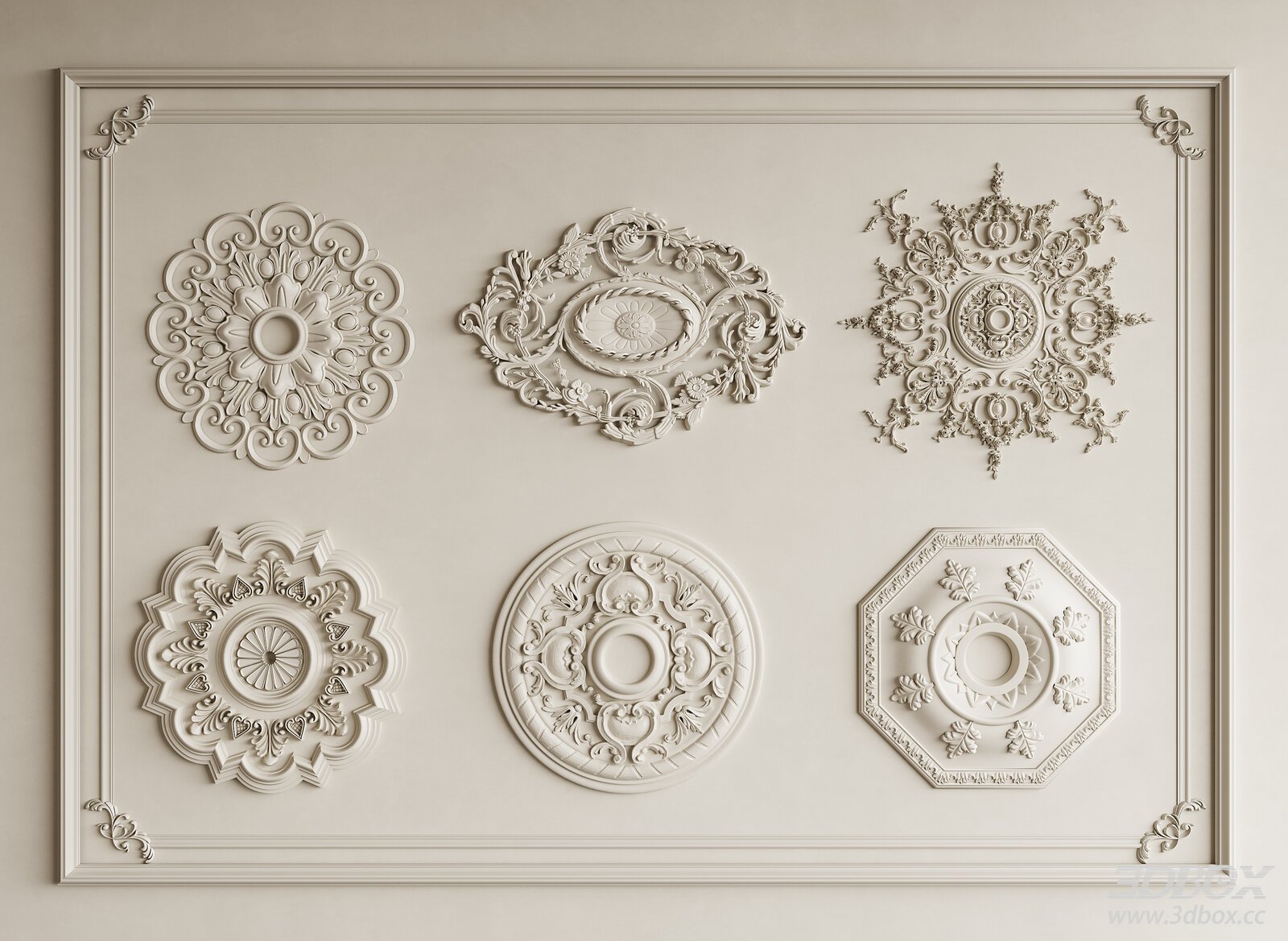 Classic Decorative Plaster Ceiling Rosette Set 3D model - front view