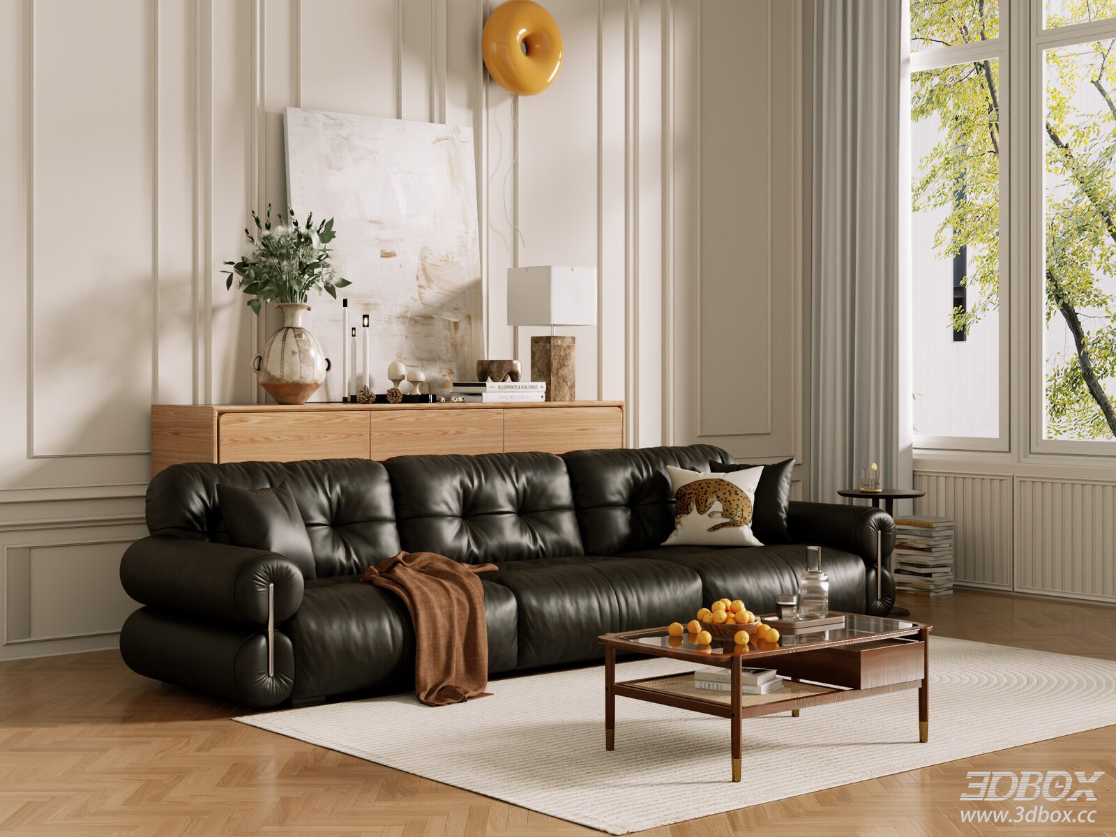 Mid Century Modern Living Room with Black Leather Sofa 3D model - front view