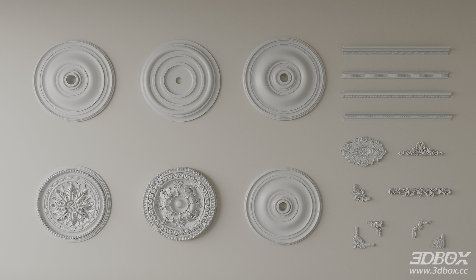 Neoclassical Decorative Plaster Ceiling Rosette Set 3D model - front view