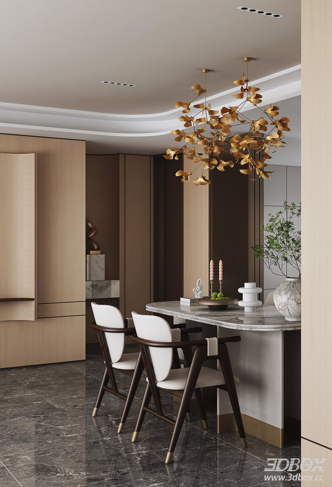 Luxury Modern Marble Dining Room Interior Scene 3D model - front view
