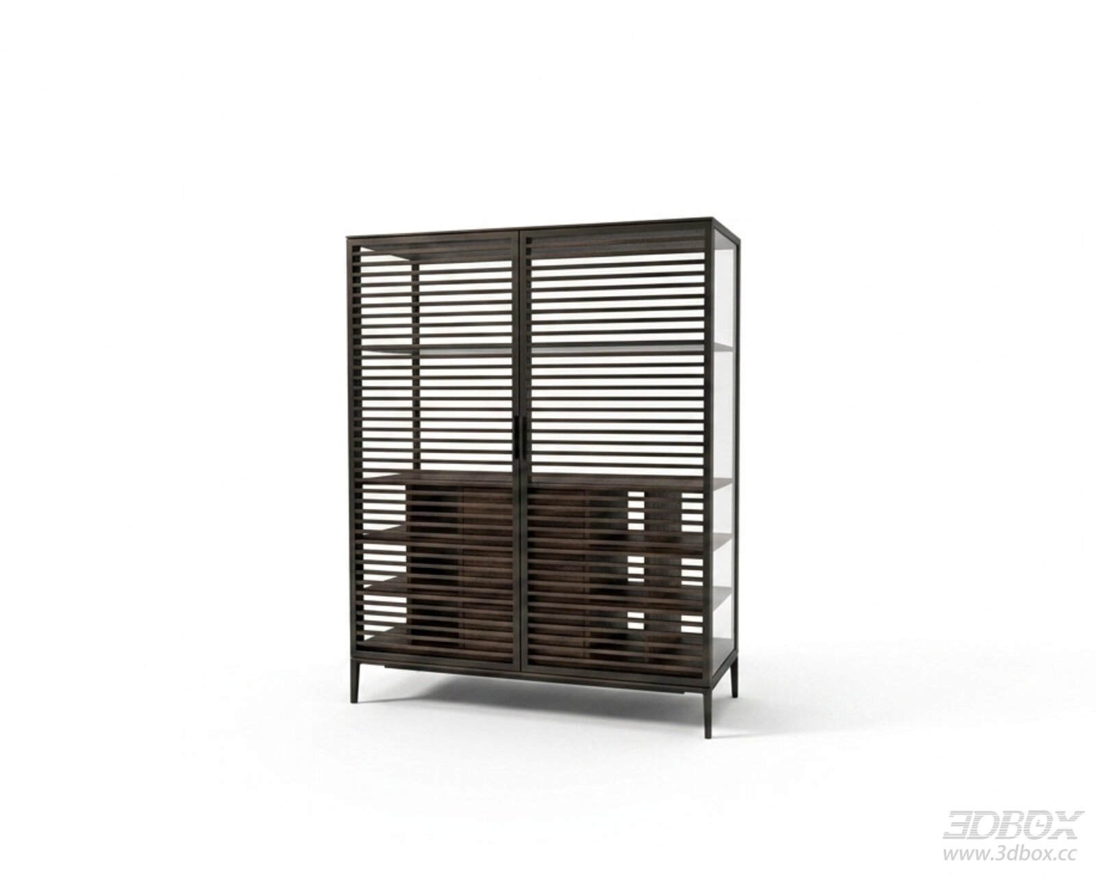 Modern Dark Wood Slat Glass Sideboard Cabinet 3D model - front view