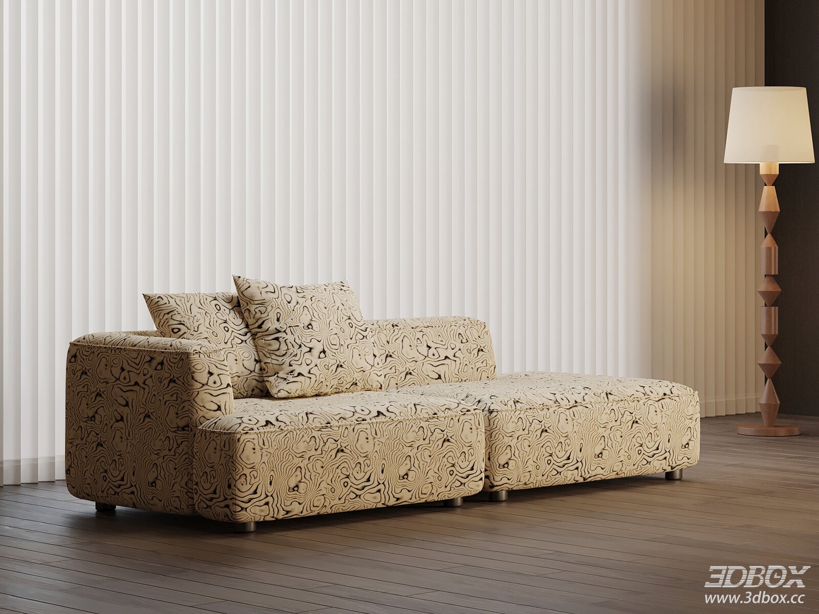 Mid-Century Modern Patterned Fabric Chaise Lounge Sofa 3D model - front view