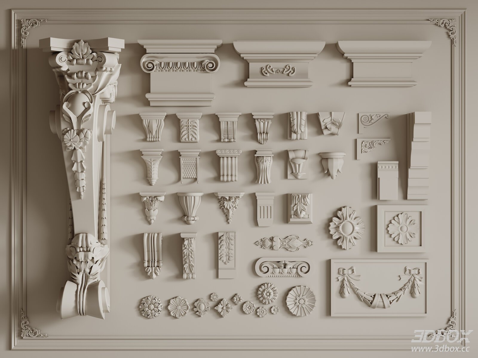 French Style Carved Plaster Capitals Ornament Set 3D model - front view