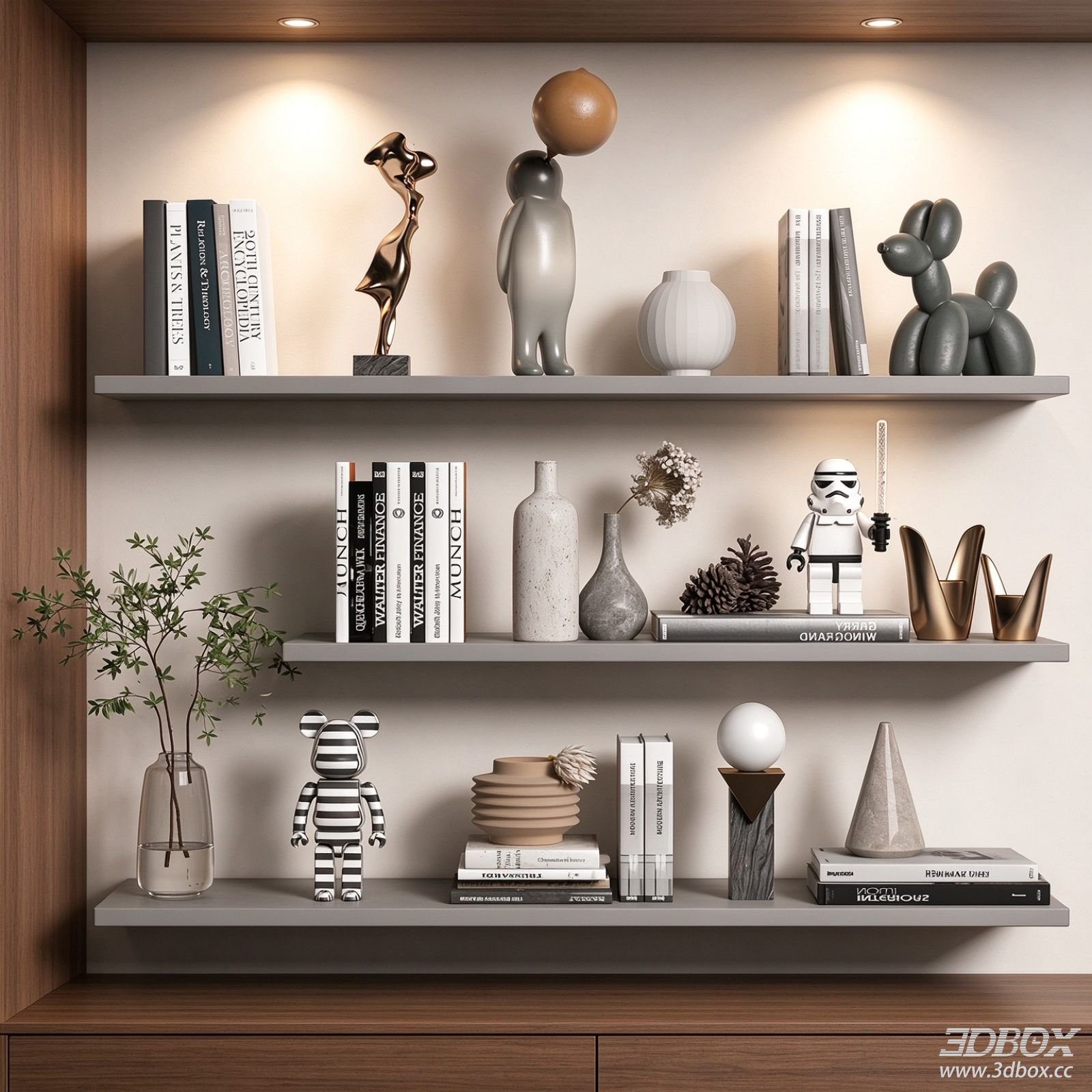 Modern Decorative Set with Books Vases and Sculptures 3D model - front view