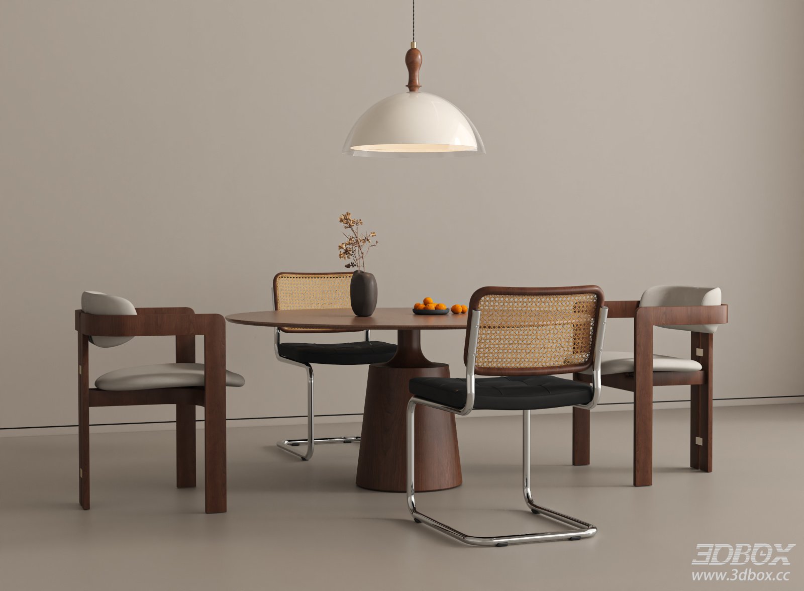 Wabi Sabi Vintage Walnut Dining Table and Chairs Set 3D model - front view