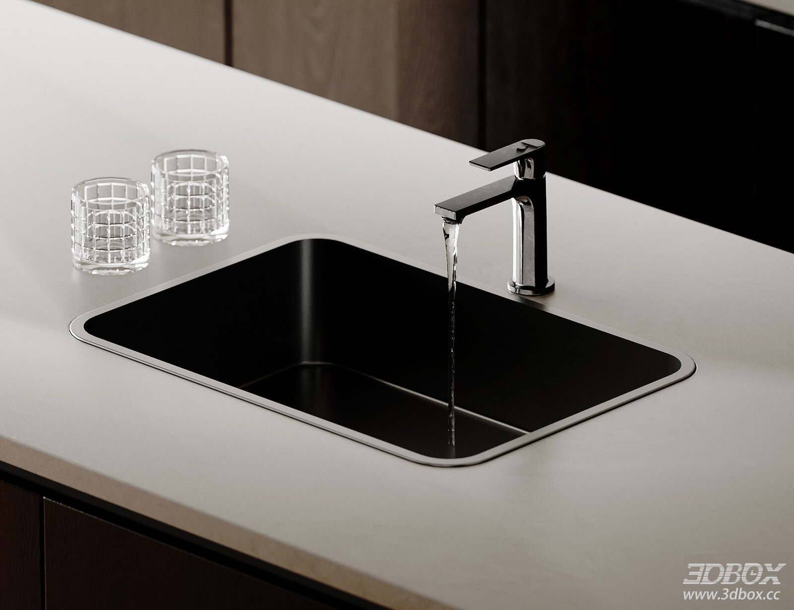 Modern Black Kitchen Sink with Faucet and Glass Cups 3D model - front view