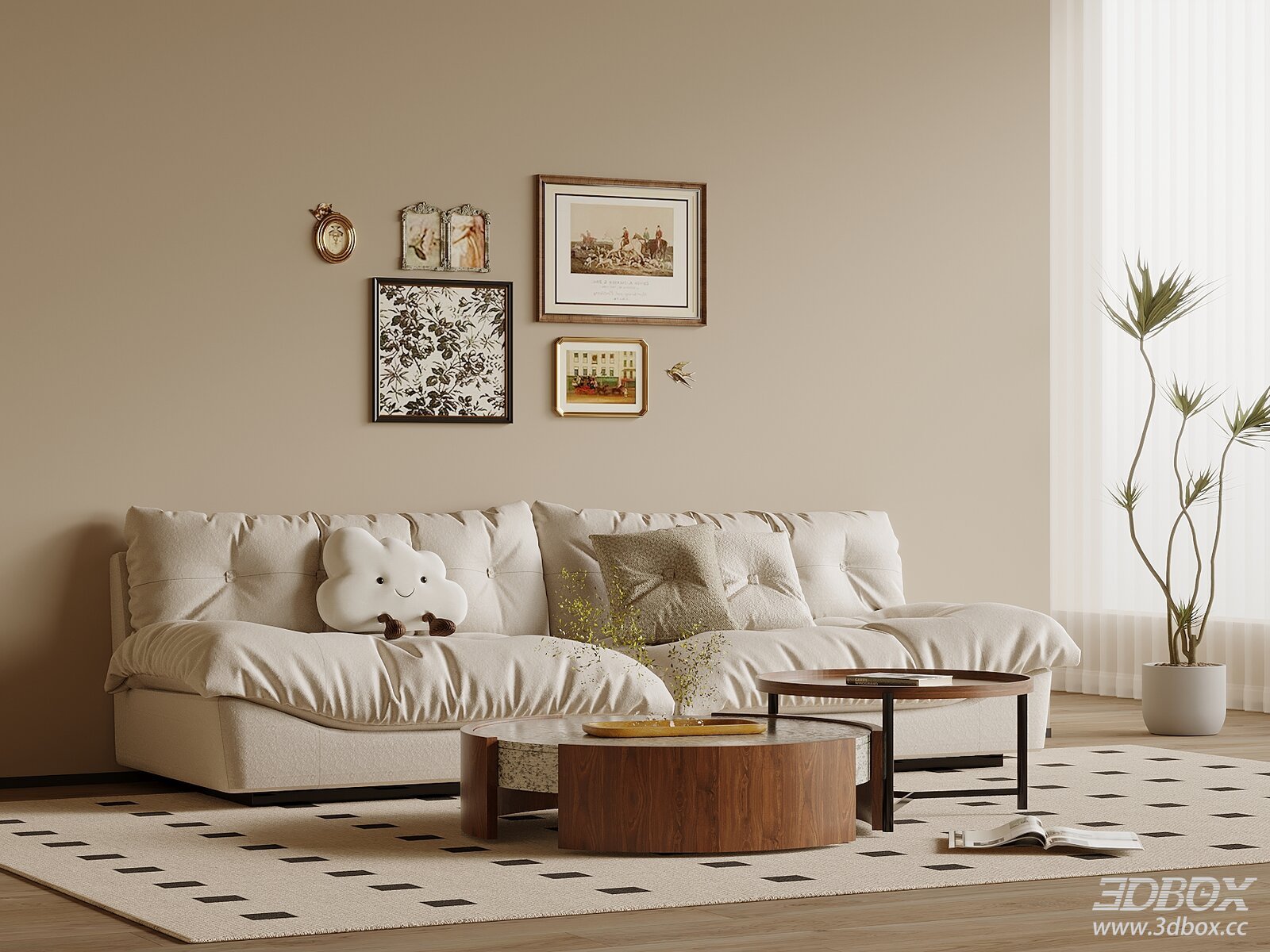 French Retro Style Living Room Sofa and Coffee Table Set 3D model - front view