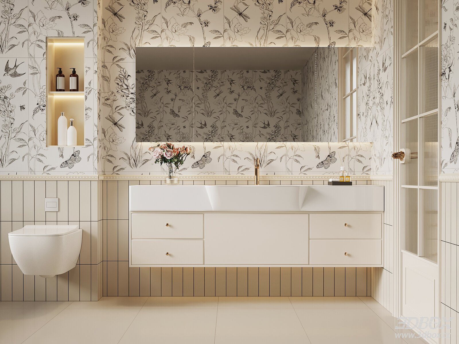 French Cream Style Bathroom Scene with Vanity and Toilet 3D model - front view