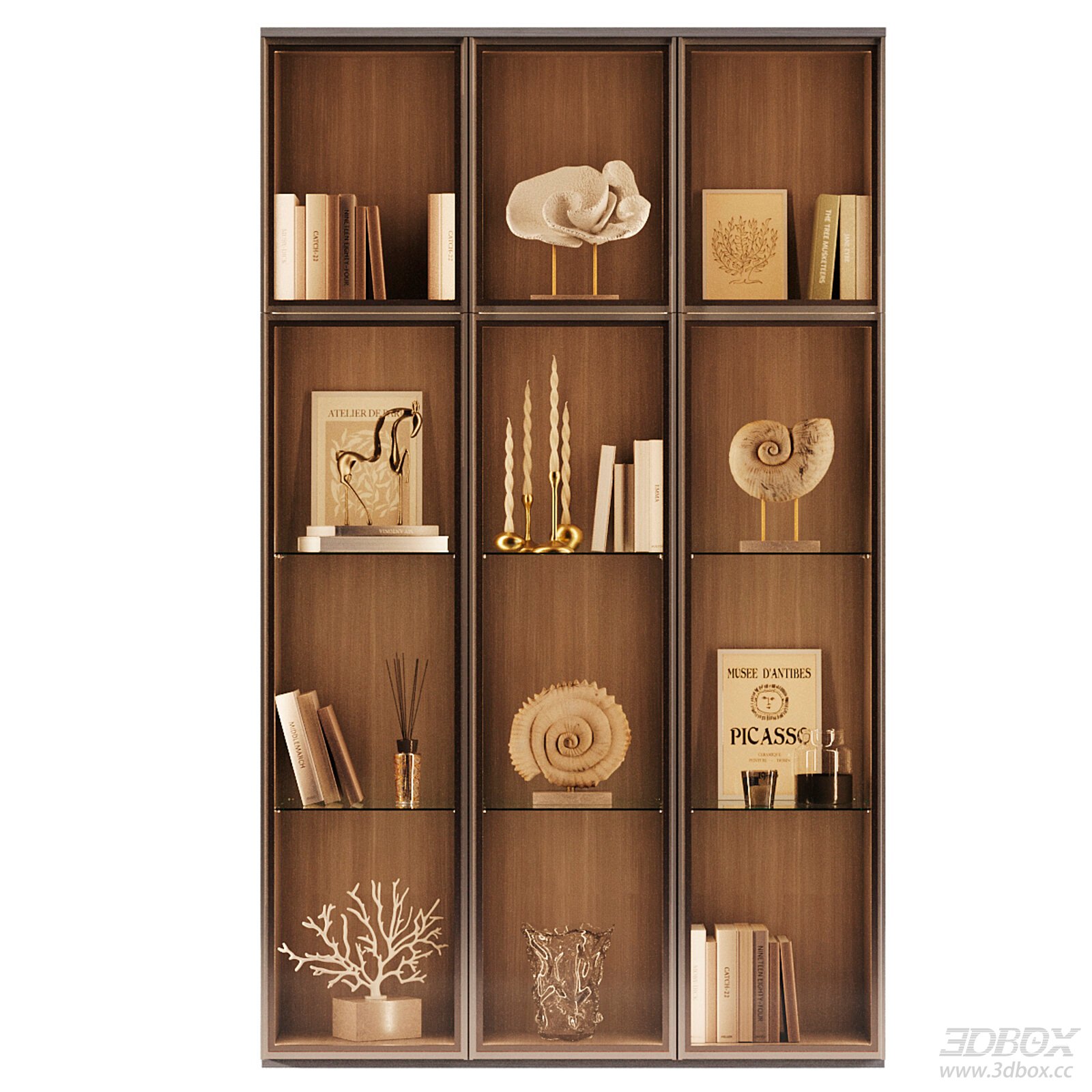 Modern Luxury Wooden Display Bookshelf with Decor 3D model - front view