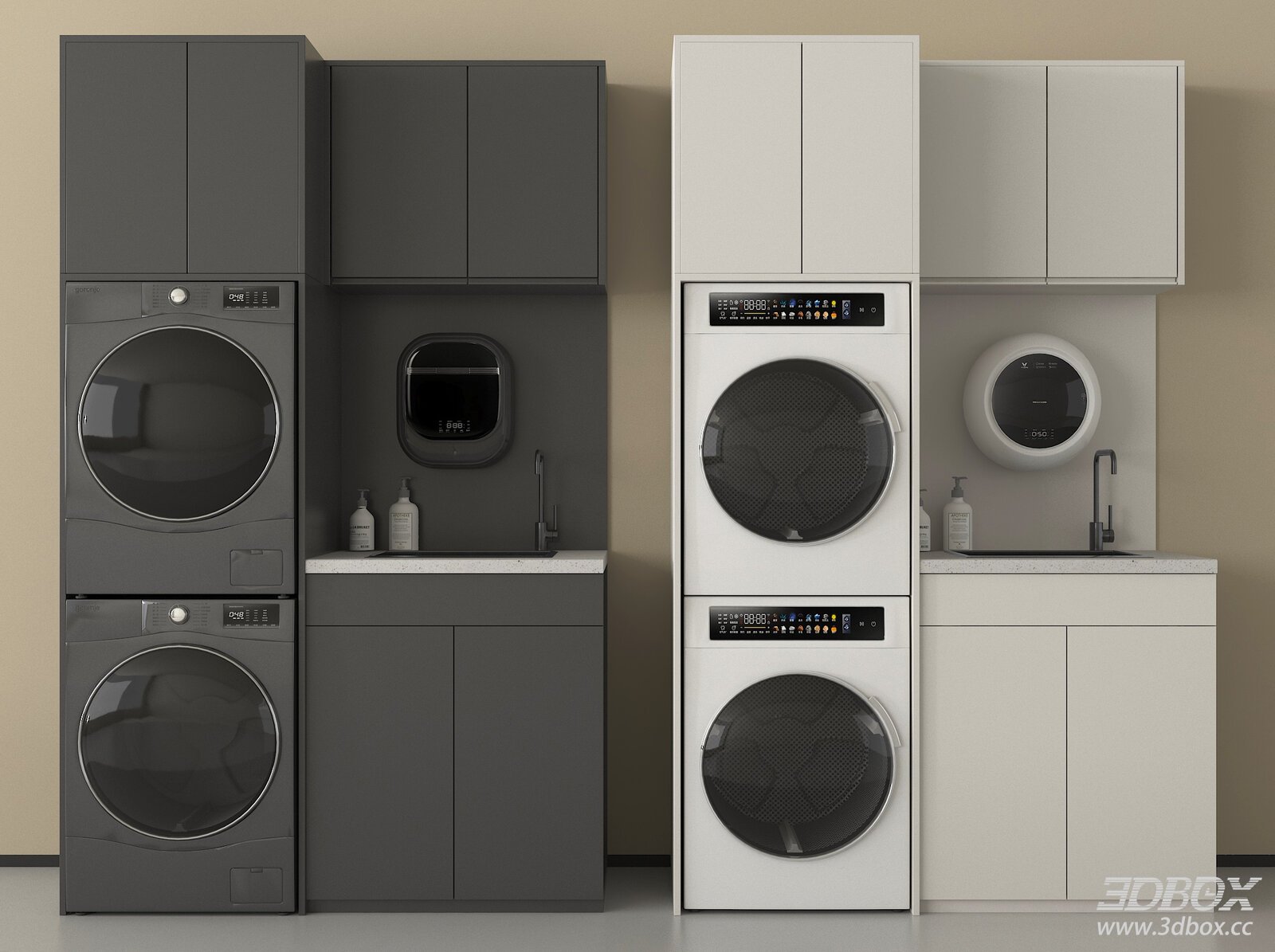 Modern Laundry Cabinet with Washing Machine and Dryer Set 3D model - front view