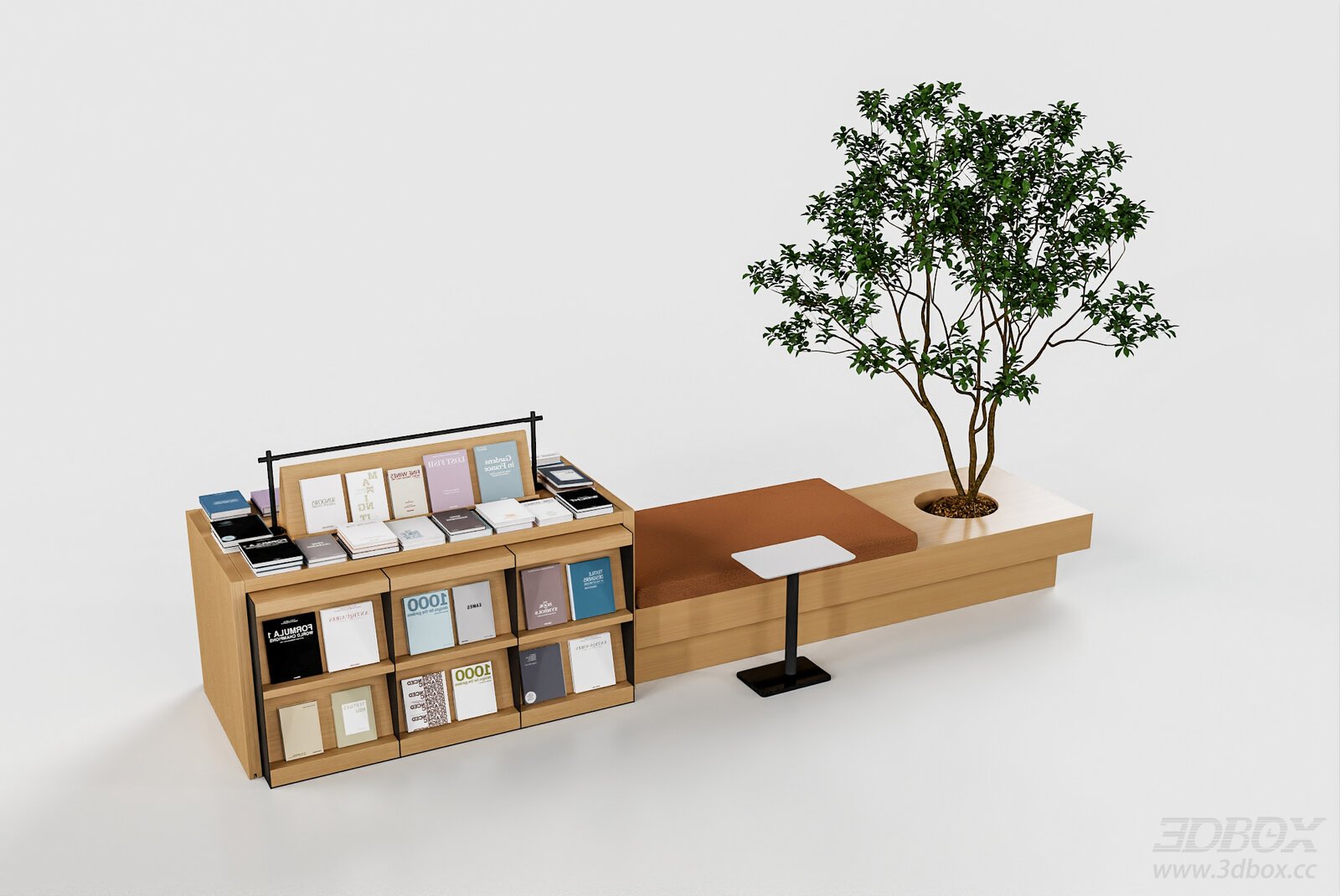 Modern Bookshelf Bench Lounge Set with Indoor Plant 3D model - front view