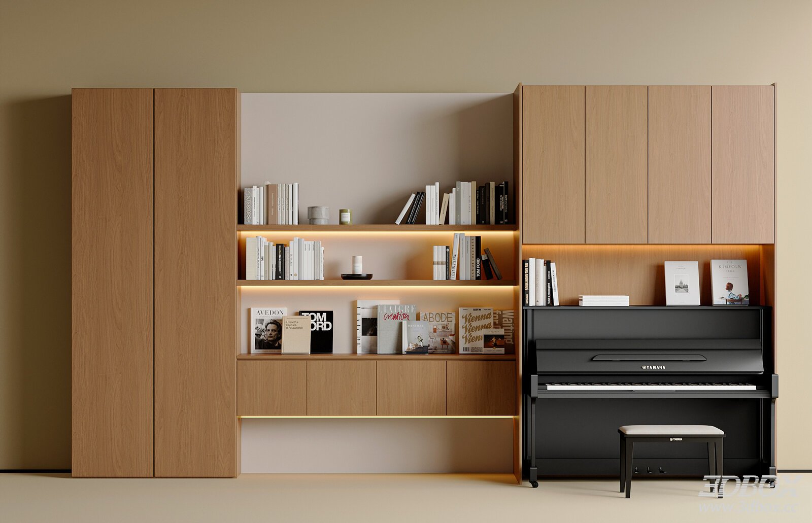 Mid Century Modern Wooden Bookcase with Piano and Books 3D model - front view