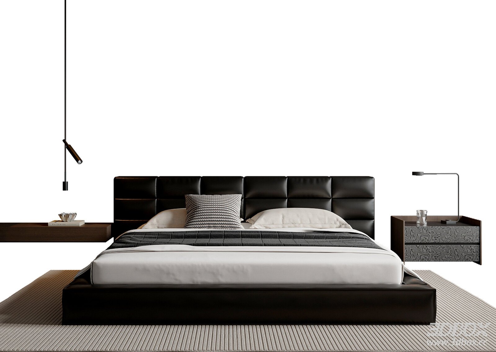 Modern Italian Style Leather Double Bed Set 3D model - front view