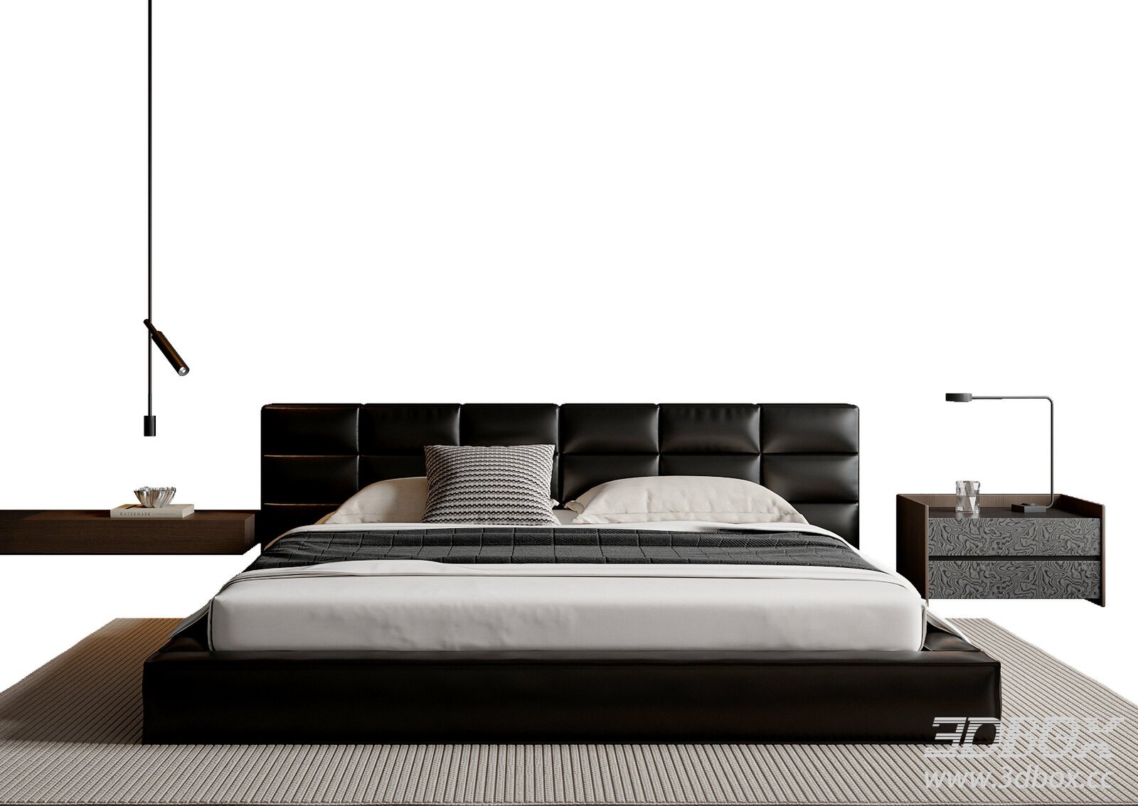 Modern Italian Style Leather Double Bed Set 3D model - thumbnail 1