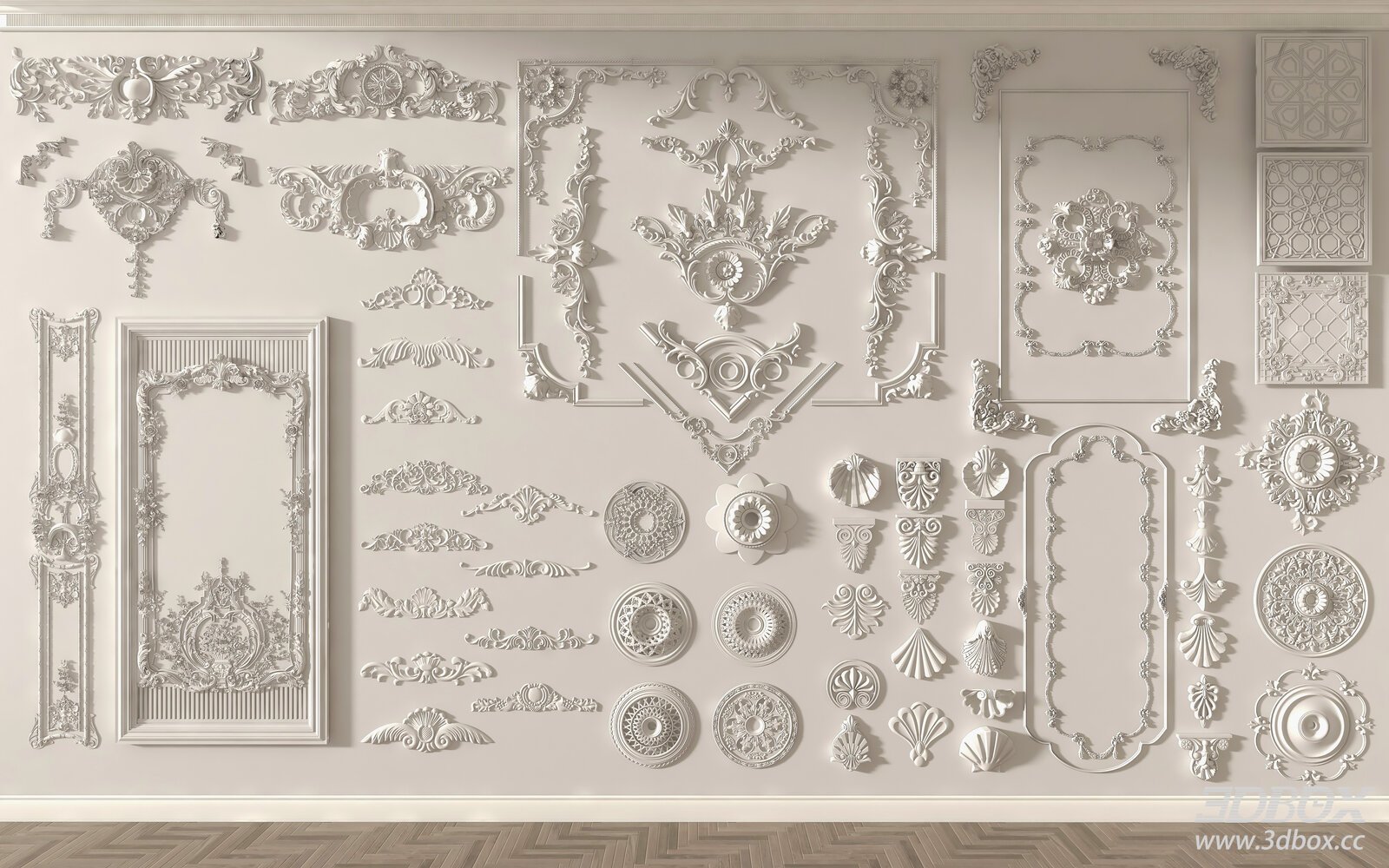 French European Style Decorative Plaster Ornament Set 3D model - front view