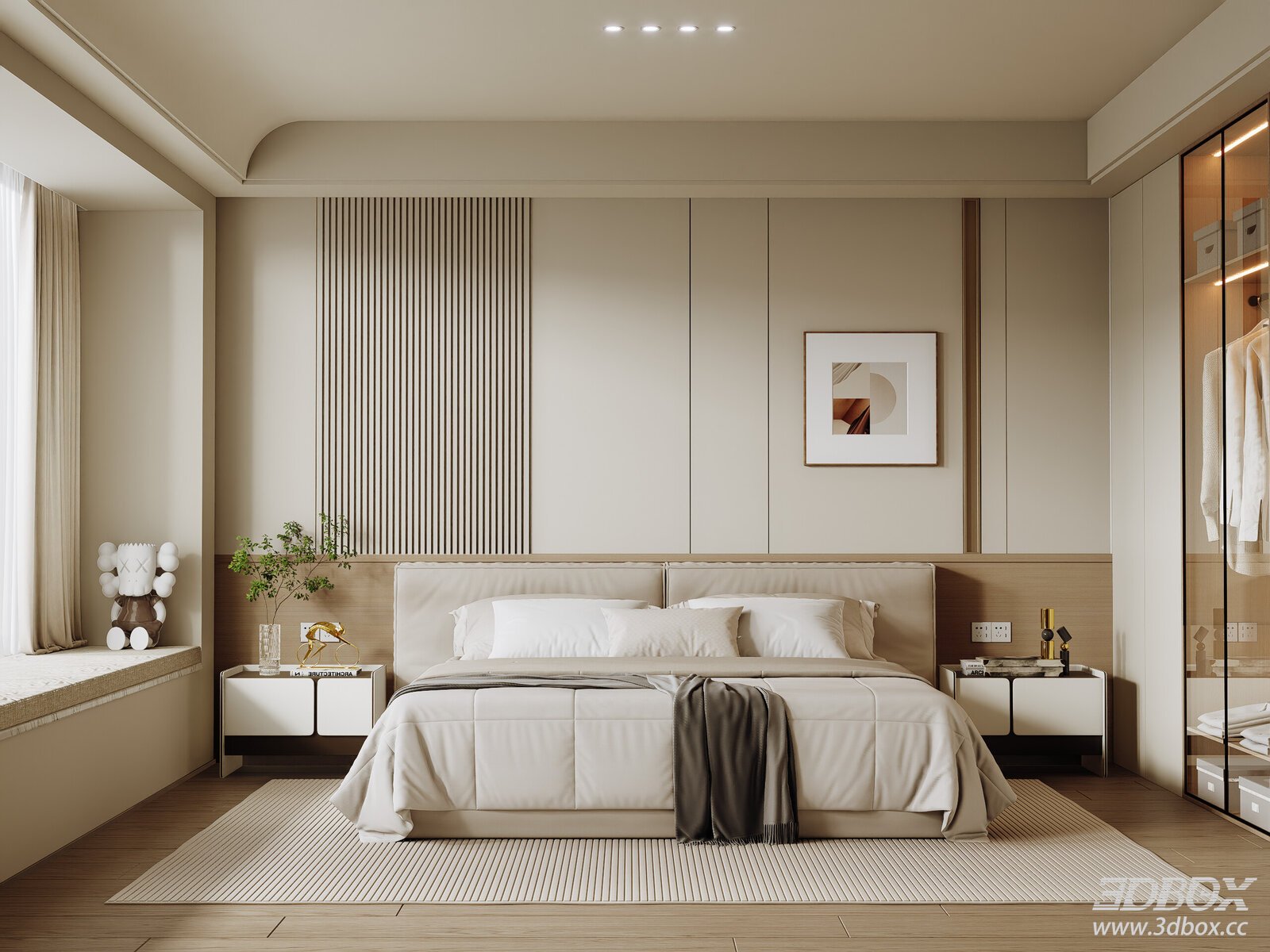 Modern Minimalist Master Bedroom Interior Scene 3D model - front view