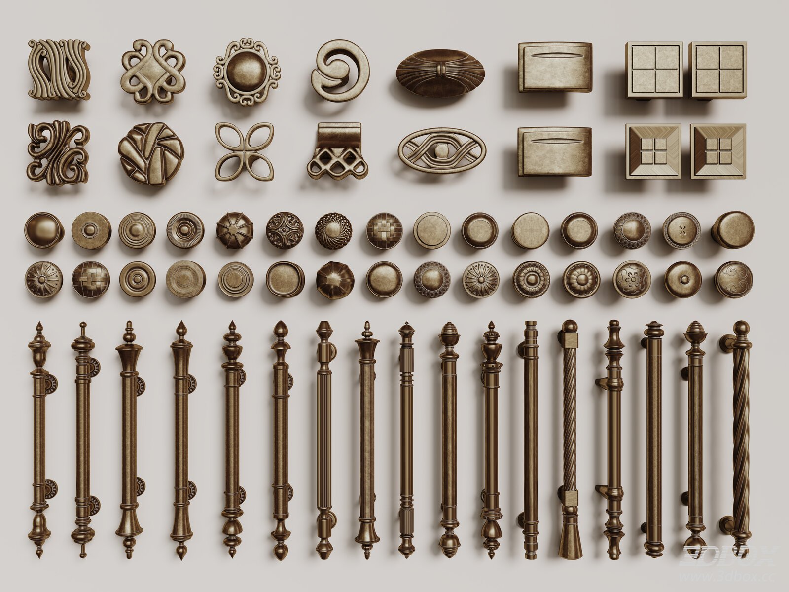 Vintage French Style Brass Door Handle Set 3D model - front view
