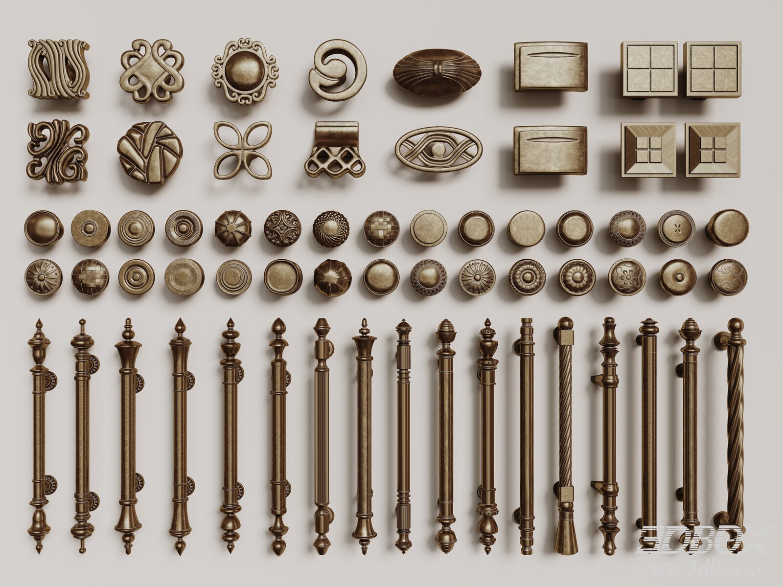 Vintage French Style Brass Door Handle Set 3D model - thumbnail 1