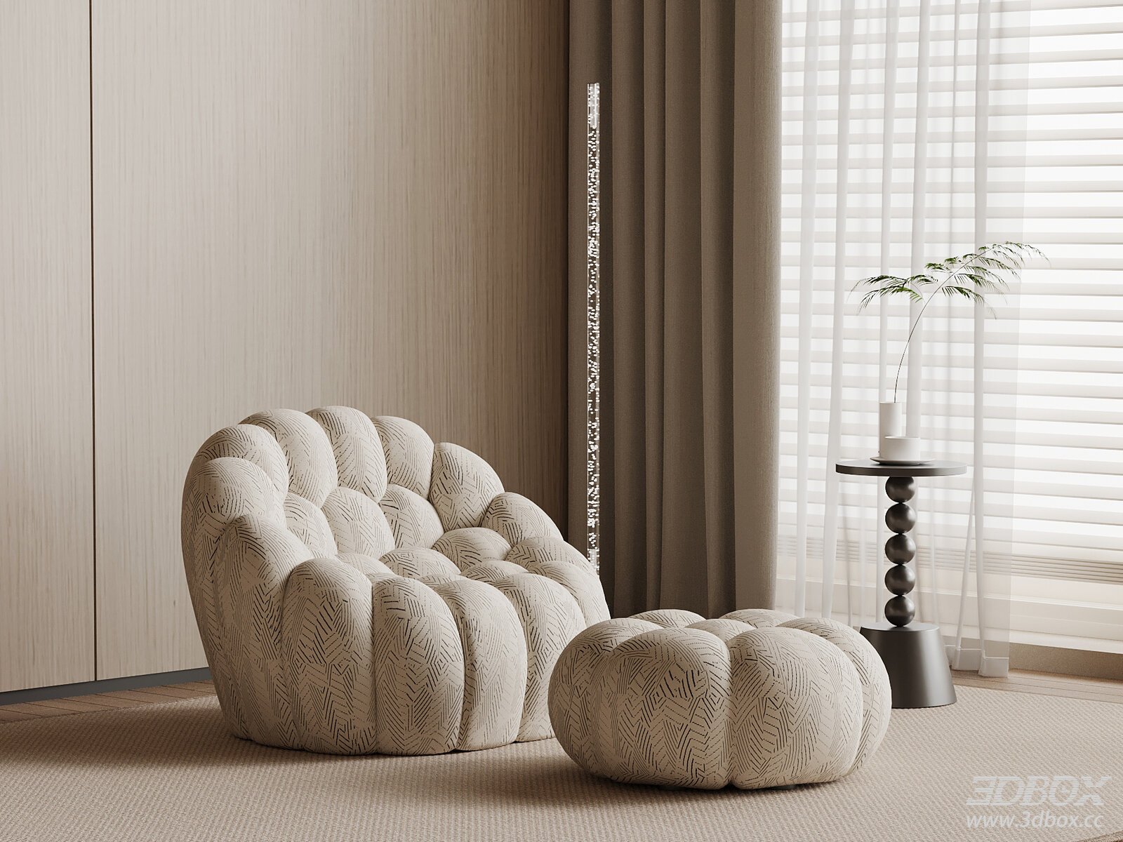 Modern Textured Fabric Single Sofa with Ottoman 3D model - front view