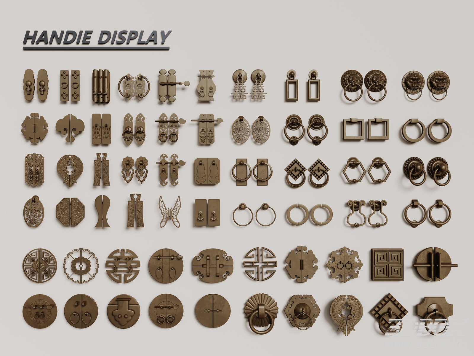 New Chinese Style Brass Door Handle Set 3D model - thumbnail 1