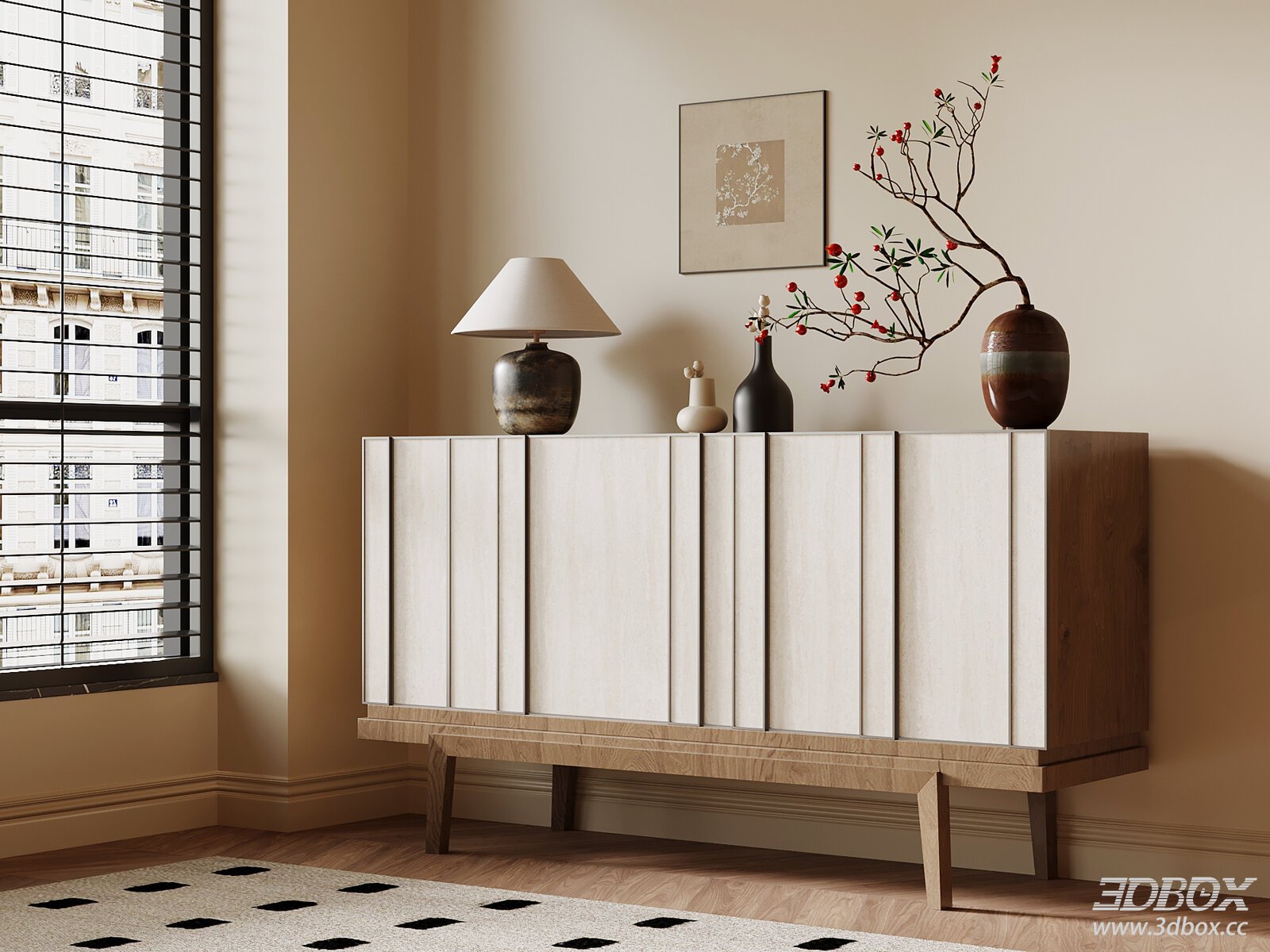Mid Century Wabi Sabi Sideboard Entry Cabinet Set 3D model - front view
