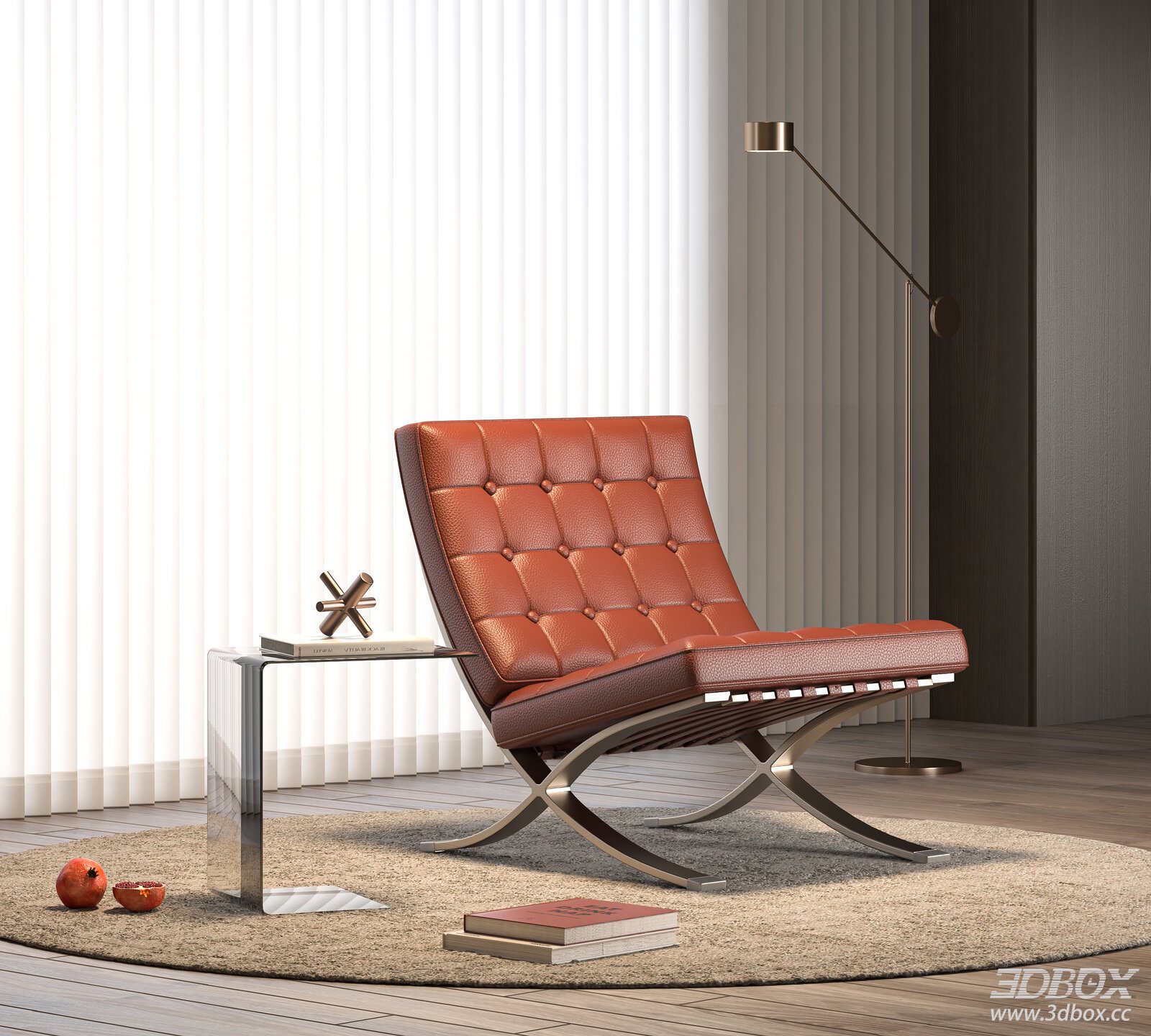 Modern Tufted Leather Lounge Armchair with Metal Frame 3D model - front view