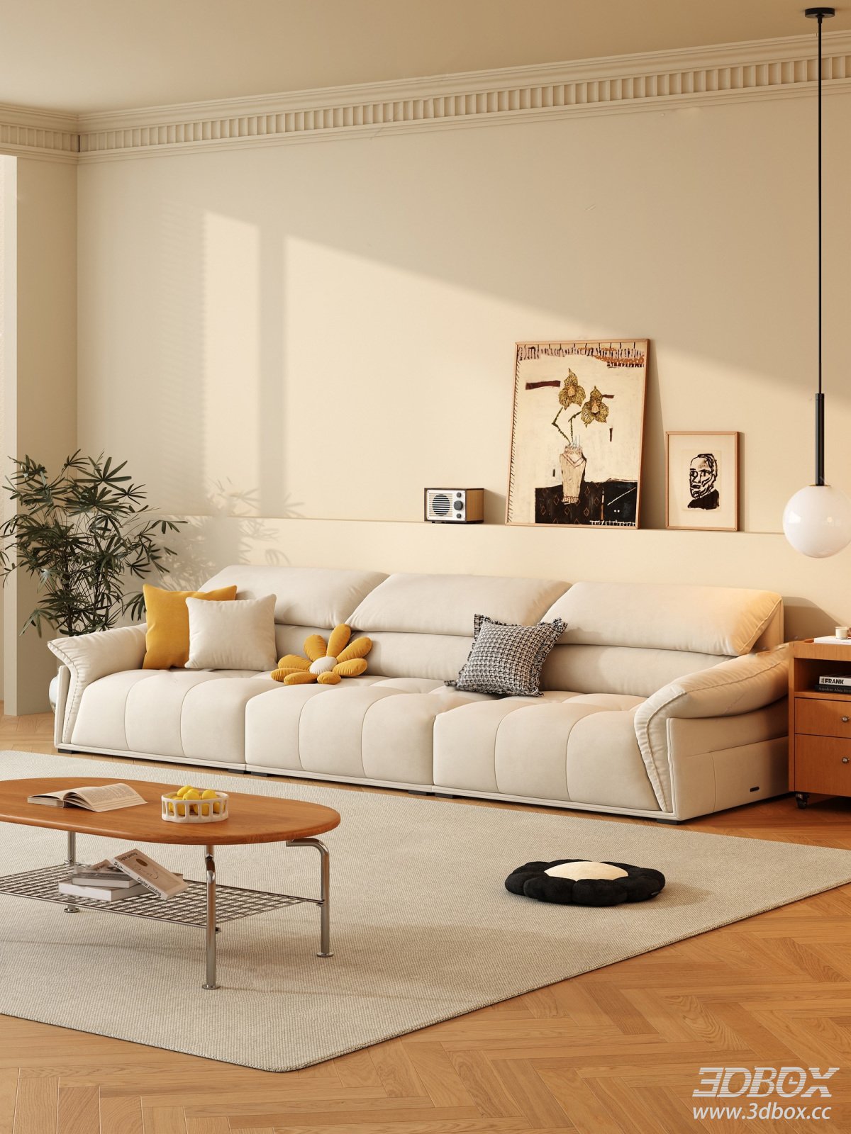 Cream Style Fabric Sofa Set Modern Living Room 3D model - front view