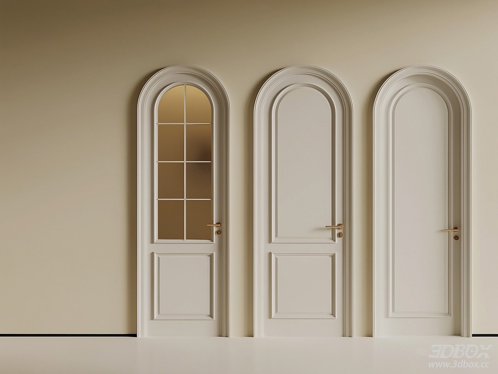 French Arched Interior Door Set Classic Cream Style 3D model - front view