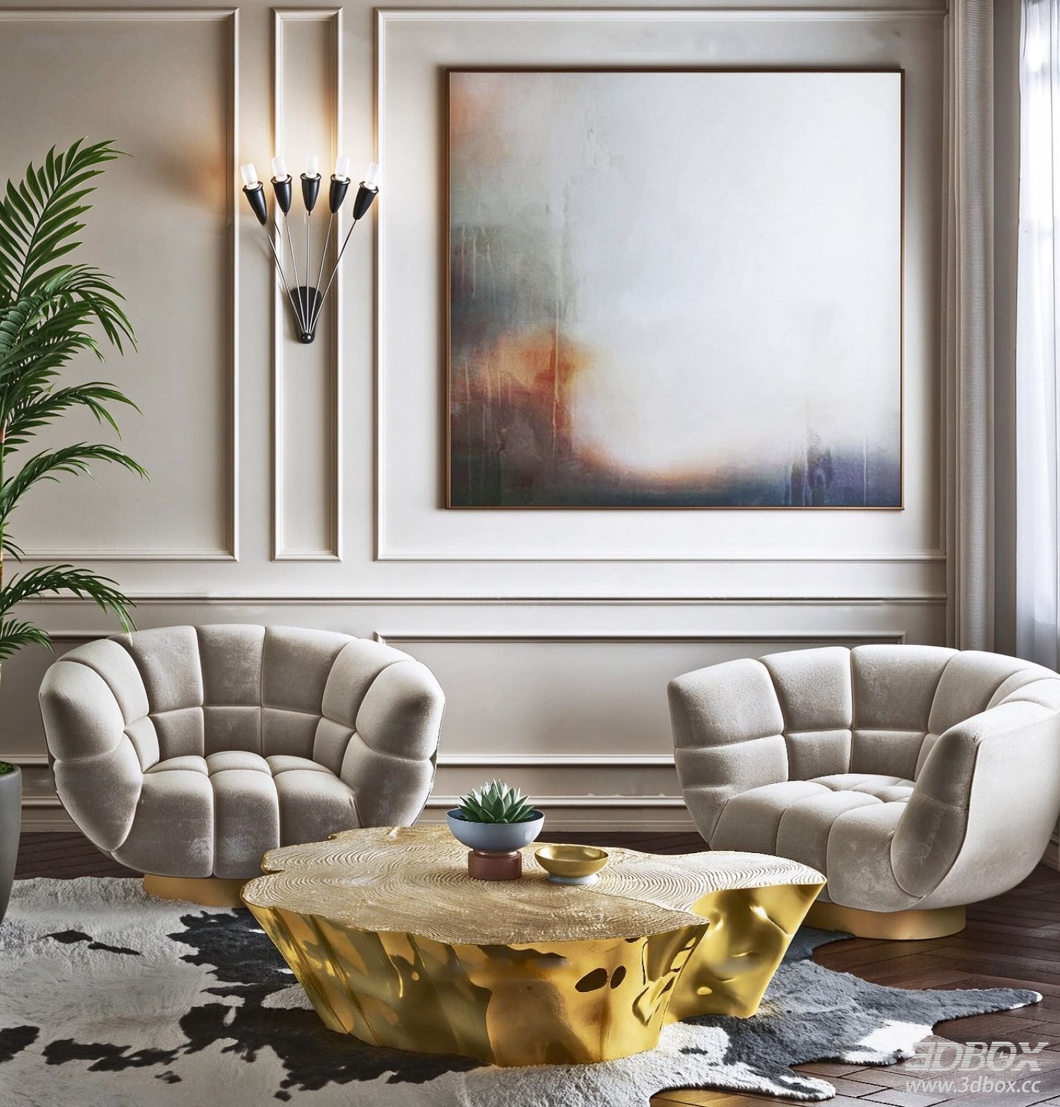 Modern Velvet Single Armchair with Gold Coffee Table Set 3D model - front view