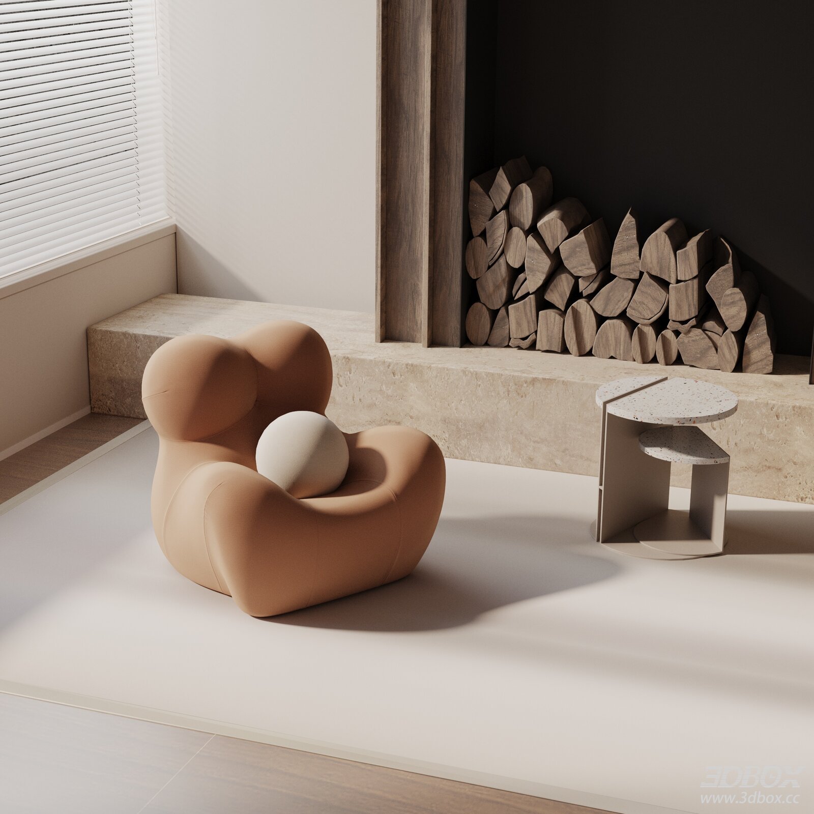 Modern Soft Fabric Armchair with Terrazzo Side Table 3D model - front view