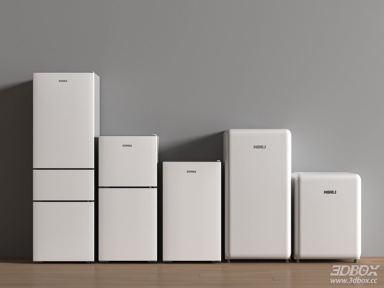 Modern White Refrigerator Set, Mini and Full Size Fridges 3D model - front view