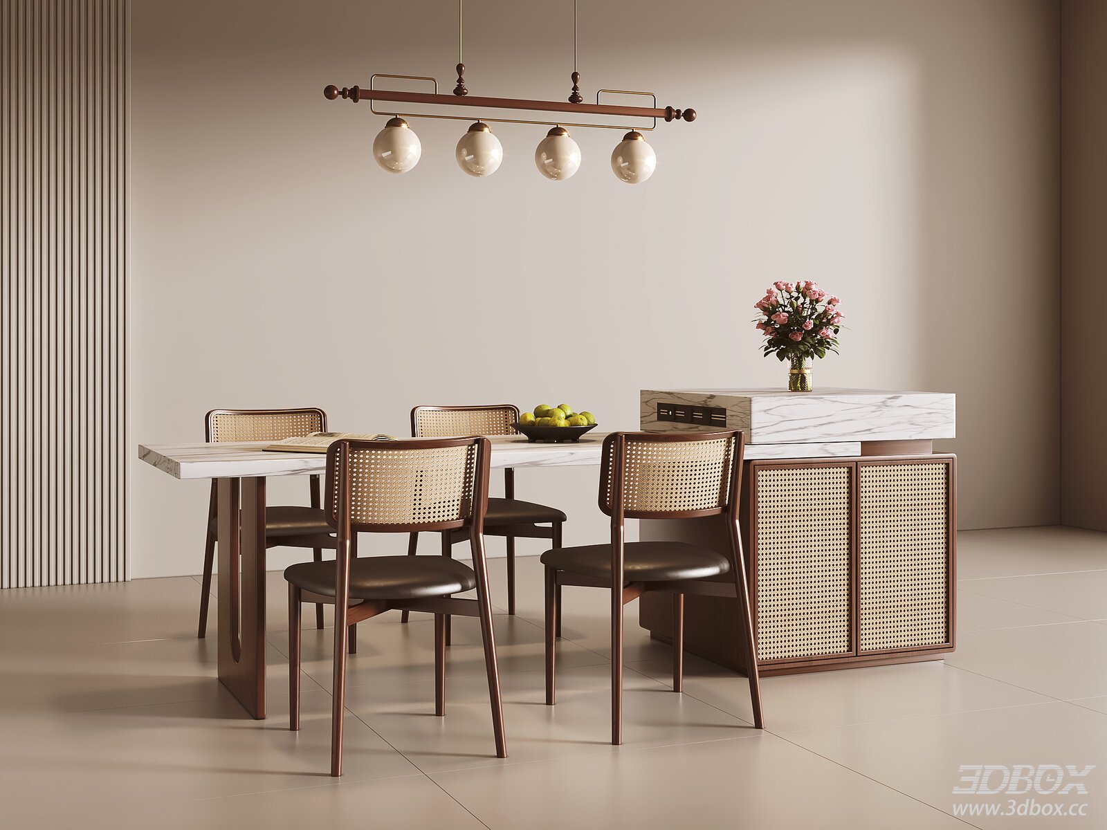 Wabi Sabi Style Dining Set with Kitchen Island 3D model - front view