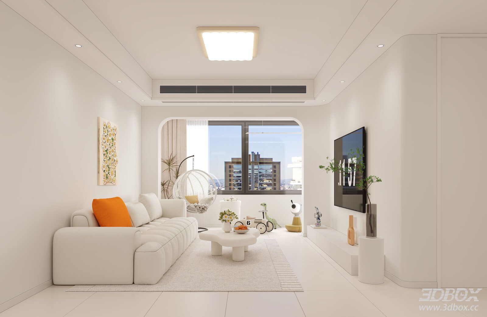 Modern Cream Style Bright Living Room Interior Scene 3D model - front view