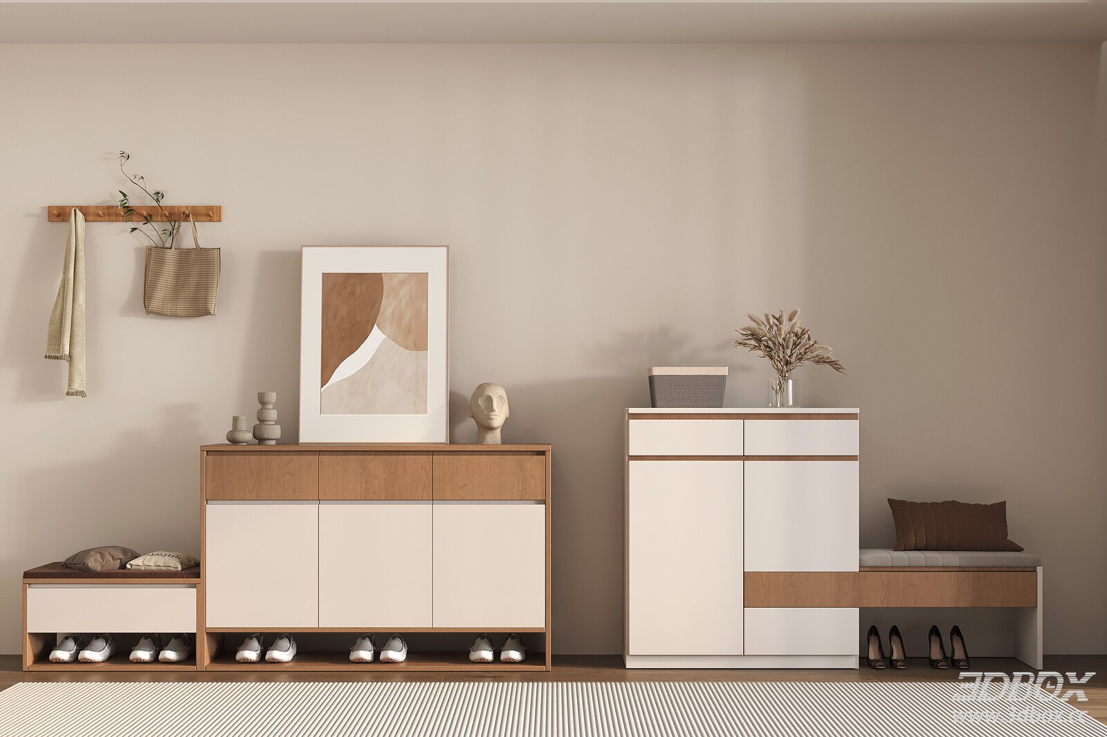 Modern Minimalist Hallway Shoe Cabinet Set 3D model - thumbnail 1