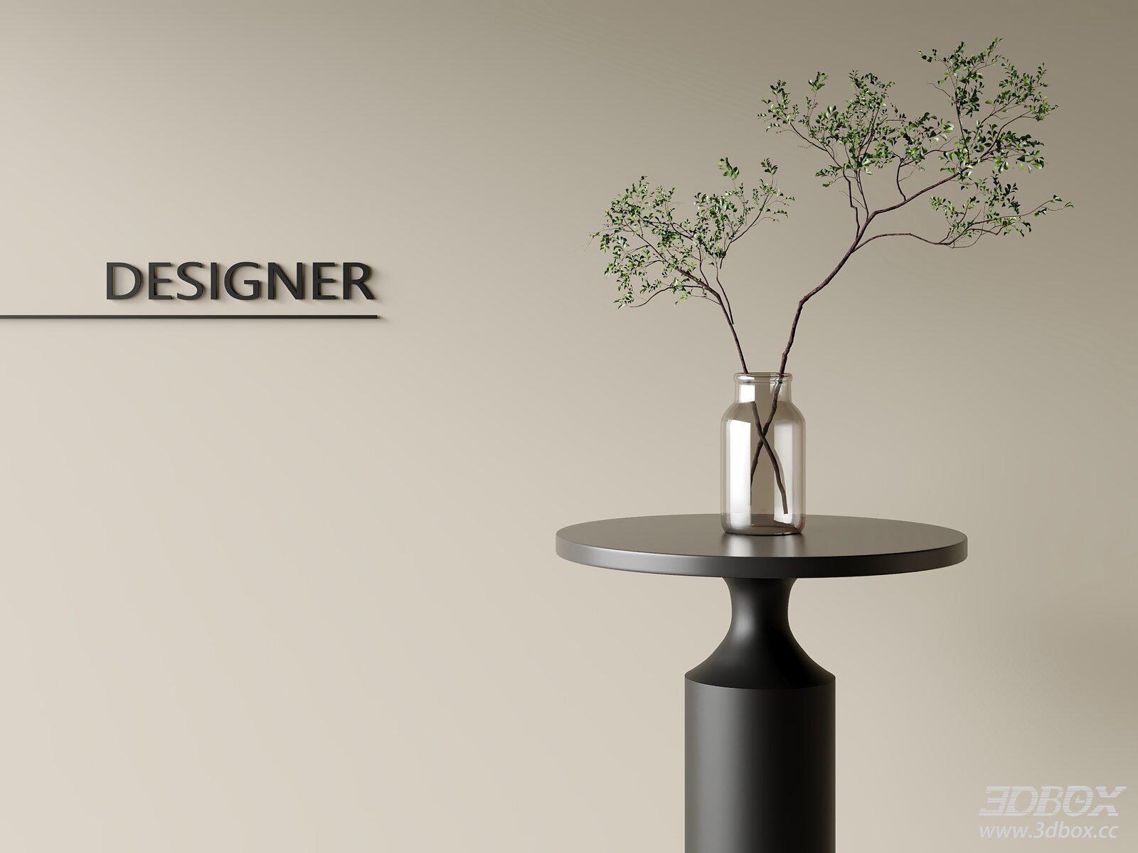 Modern Minimalist Decor Set with Glass Vase and Green Foliage 3D model - front view