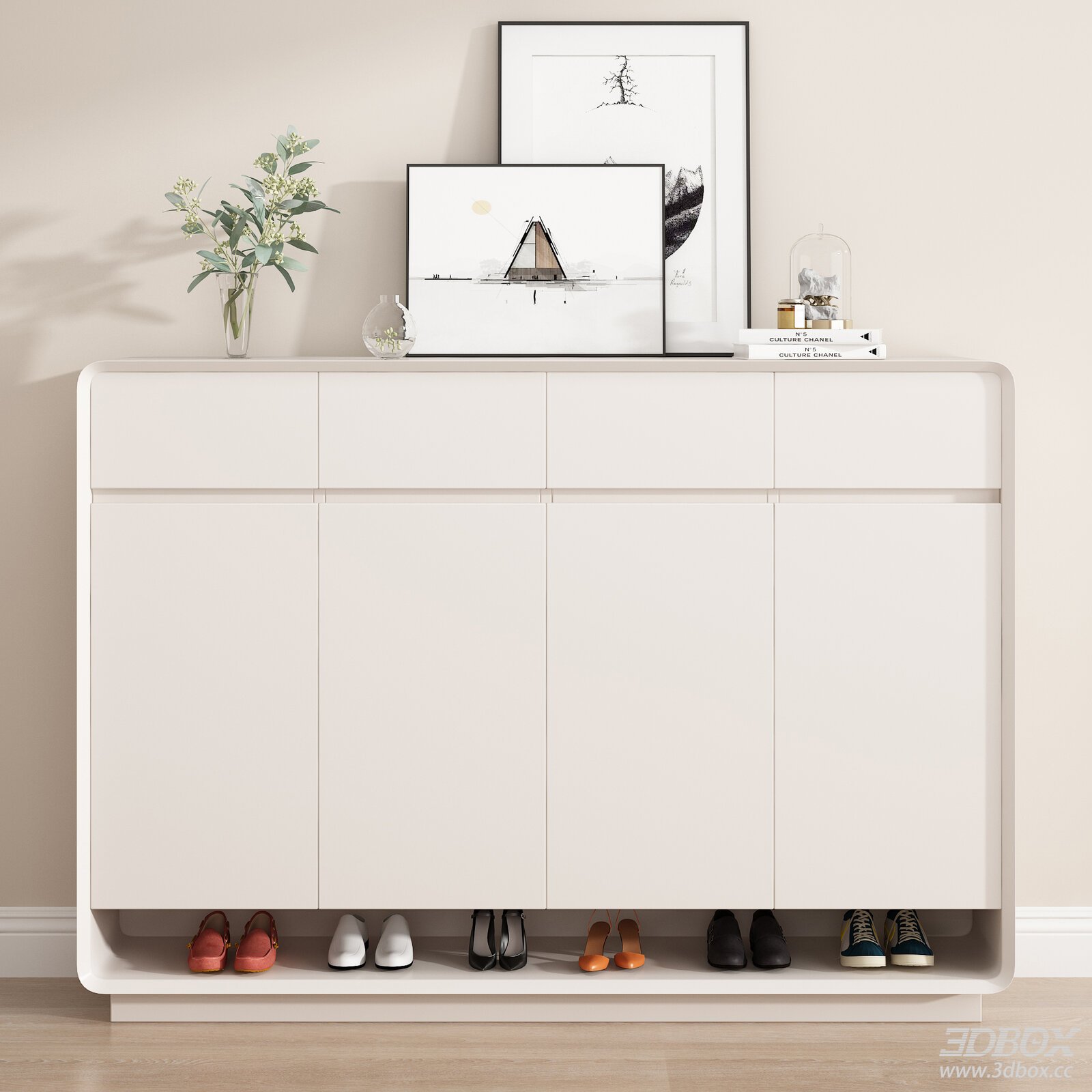 Modern Minimalist White Hallway Shoe Cabinet With Decor 3D model - front view