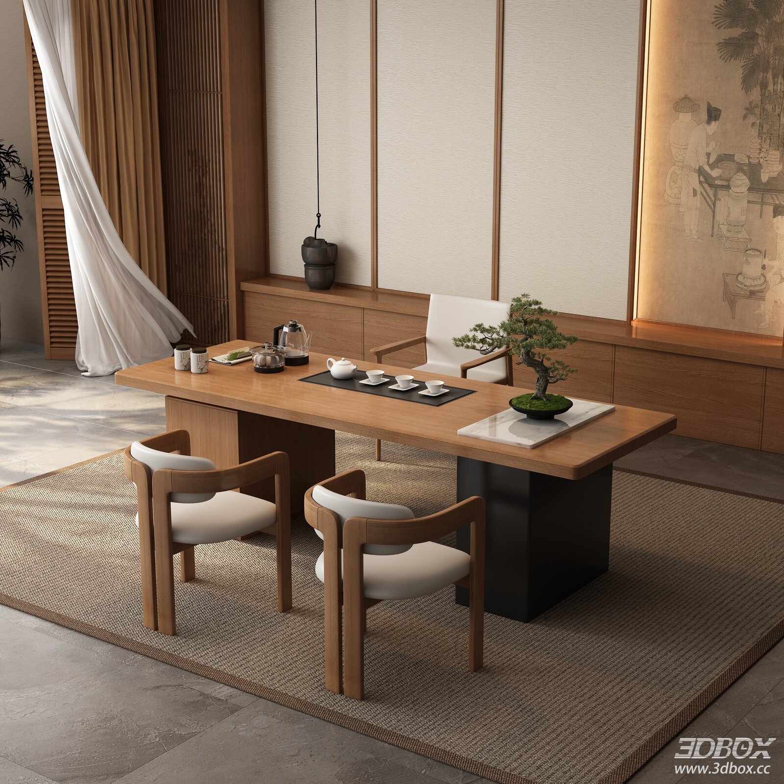 New Chinese Style Tea Room with Wooden Tea Table and Armchairs 3D model - front view