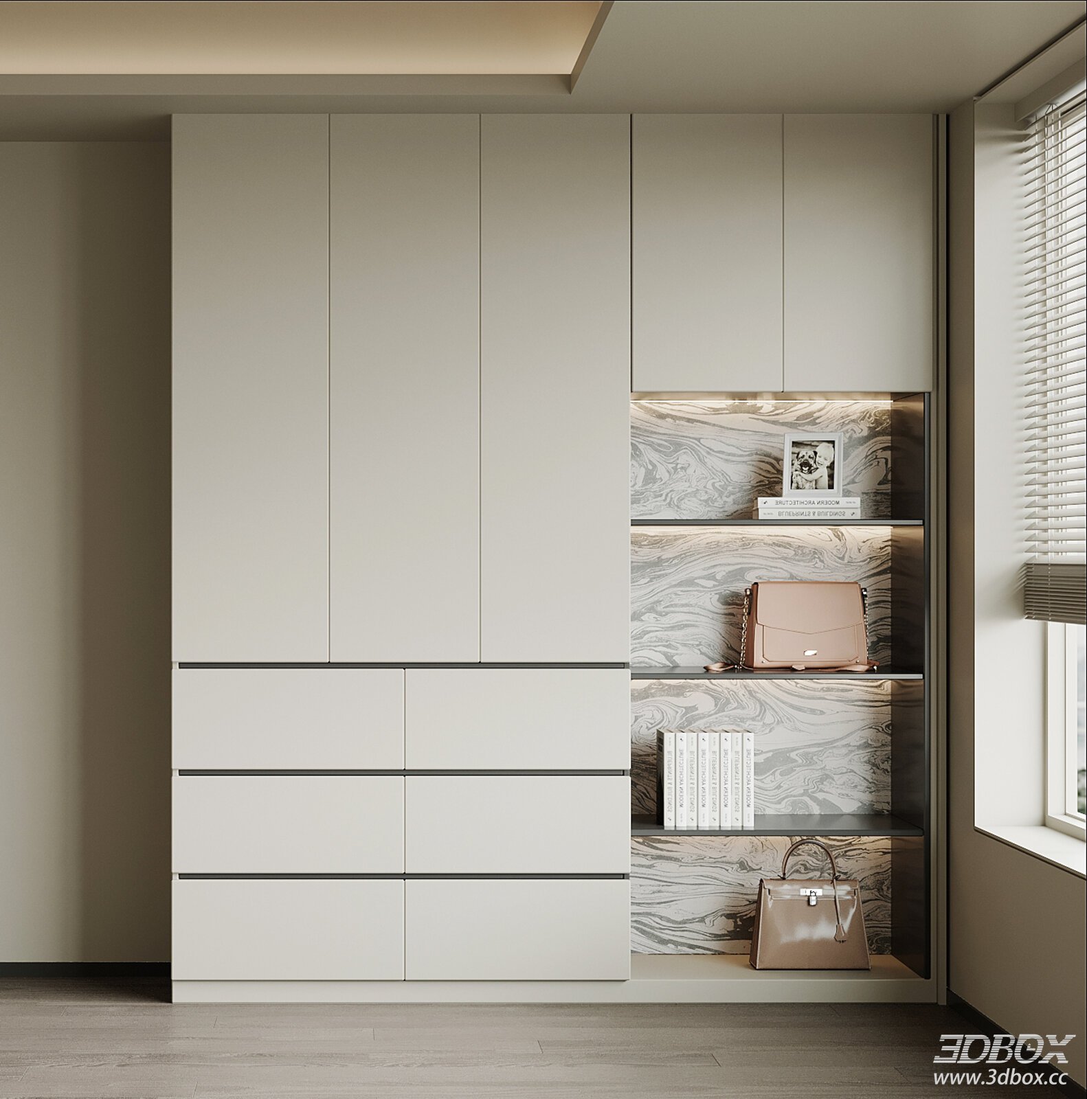 Modern Minimalist Wardrobe with Display Shelf 3D model - front view