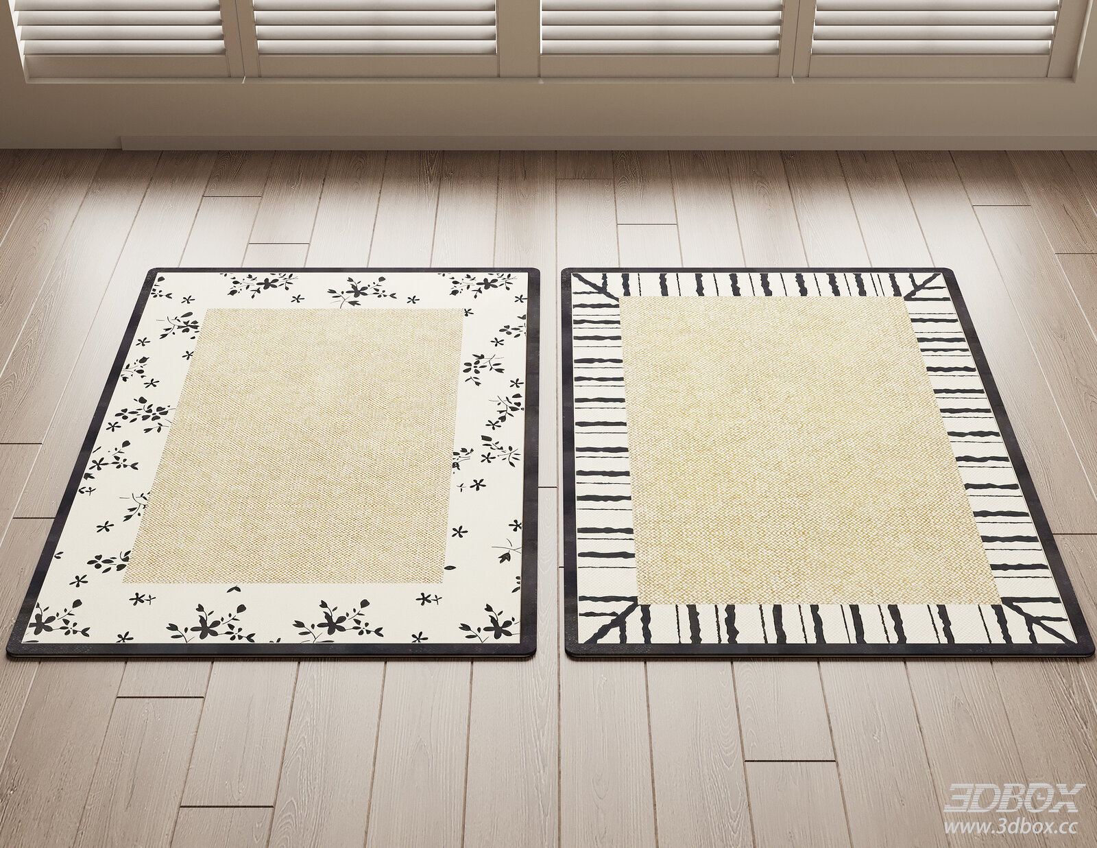 Modern Floral and Striped Beige Rugs Set 3D model - thumbnail 1