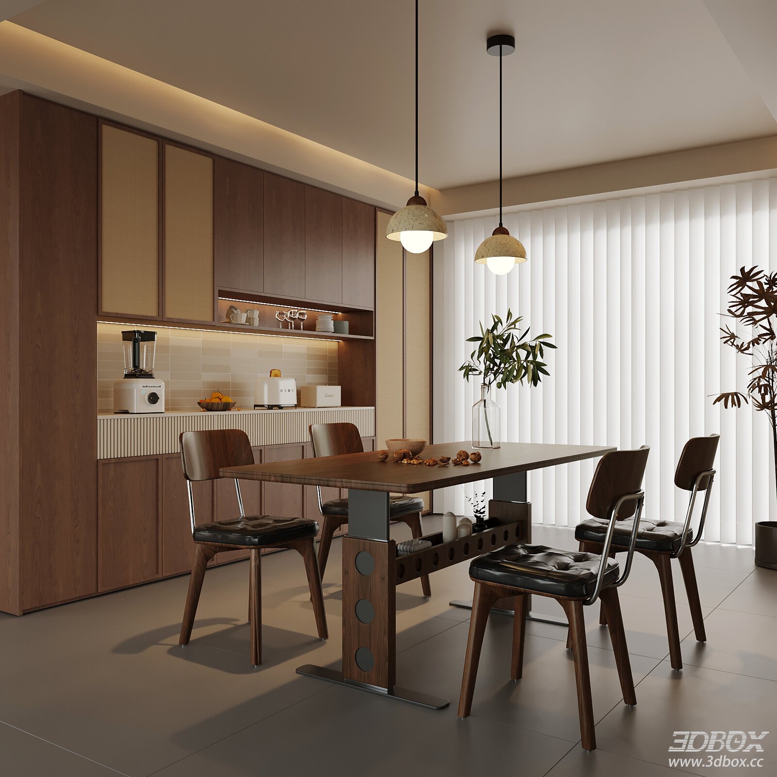 Modern Mid-Century Style Dining Room with Table Chairs Sideboard 3D model - front view