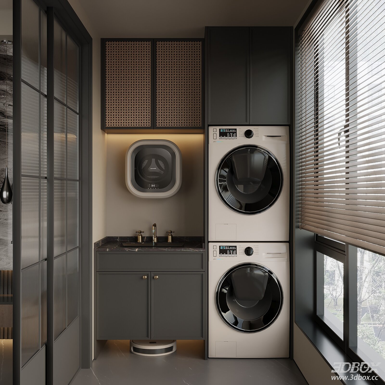 Modern Italian French Style Laundry Balcony Scene with Washing Cabinets 3D model - front view