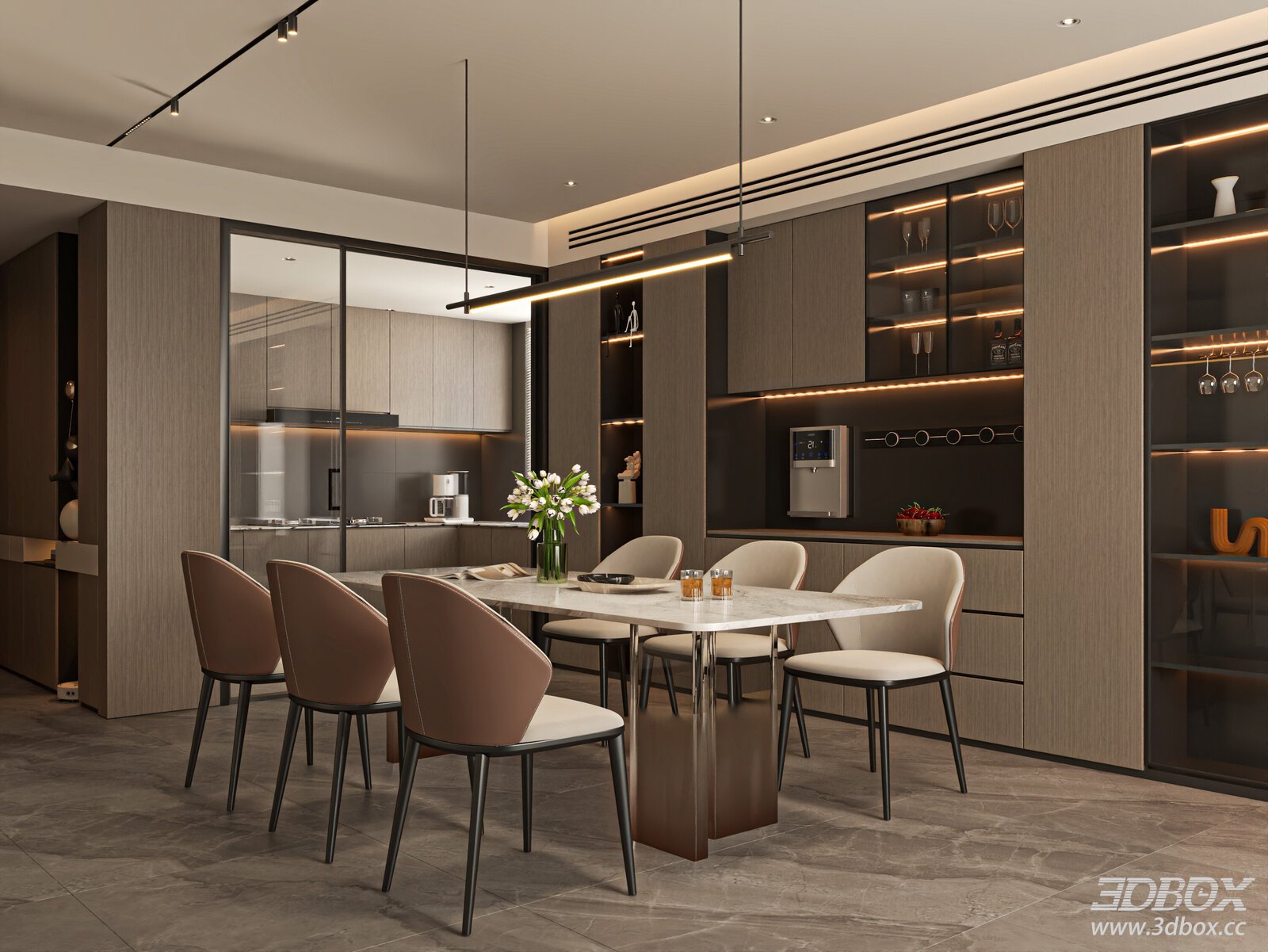 Modern Italian Style Kitchen and Dining Room Interior 3D model - front view