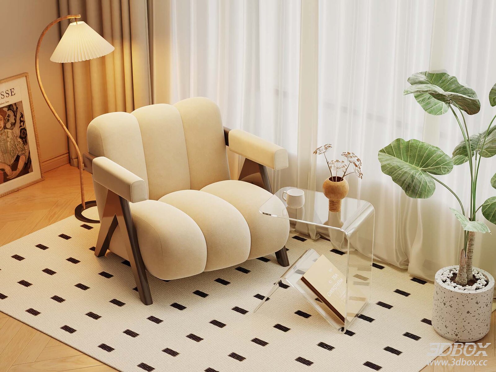 Modern Cream Style Lazy Armchair with Floor Lamp Set 3D model - front view